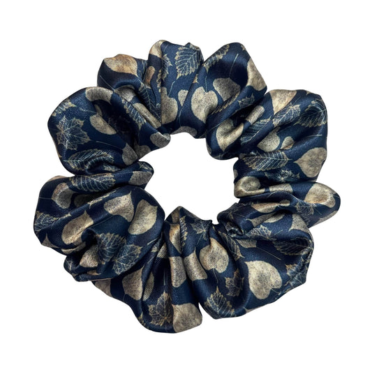 A pretty, navy with gold leaves satin hair scrunchie that's perfect for nature lovers!