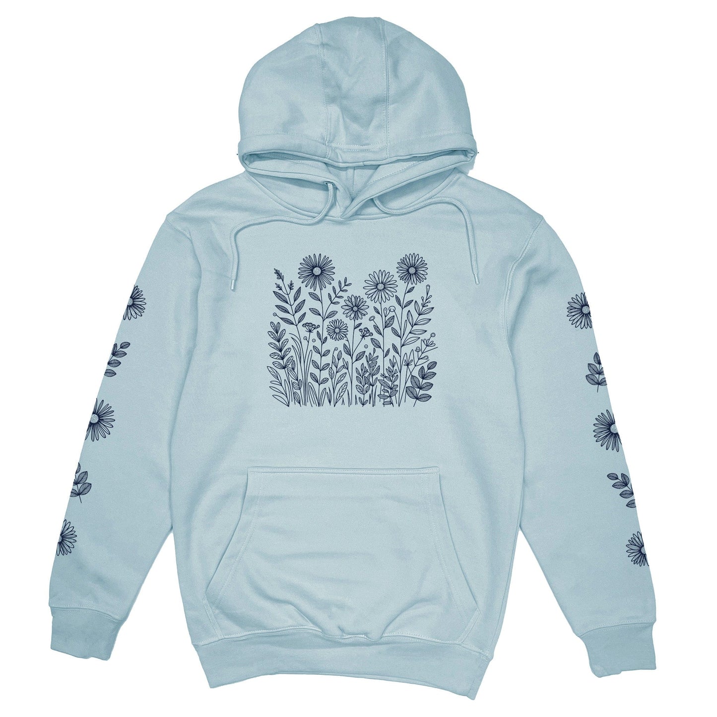 Women's light blue hoodie with a navy floral design on the front and sleeves, on a white background