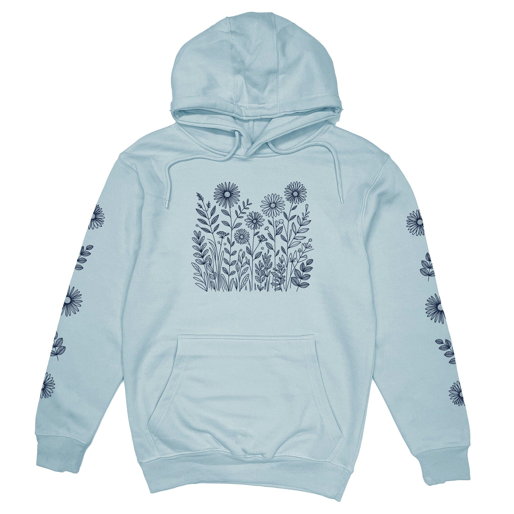 Women's light blue hoodie with a navy floral design on the front and sleeves, on a white background
