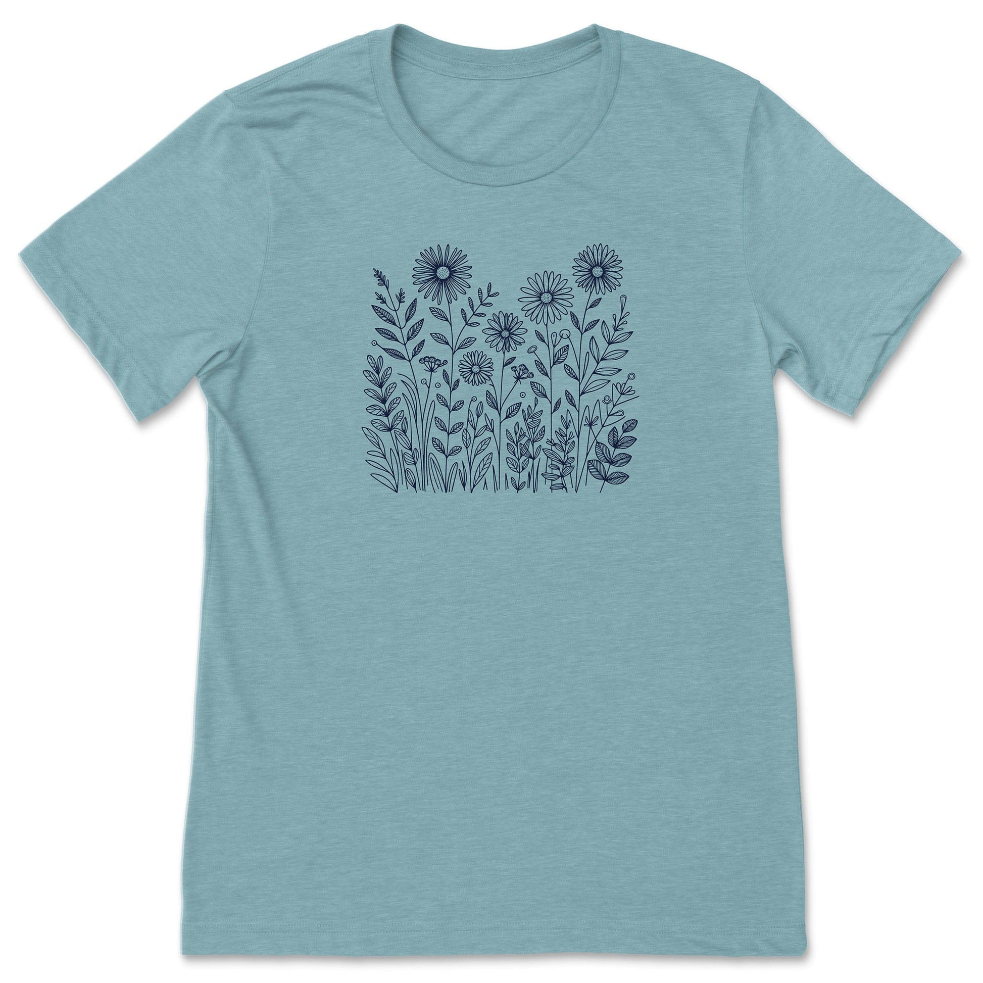 Blue t-shirt with navy floral design on a white background