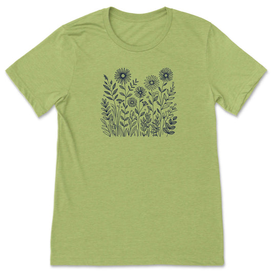 Green t-shirt with floral design on a white background