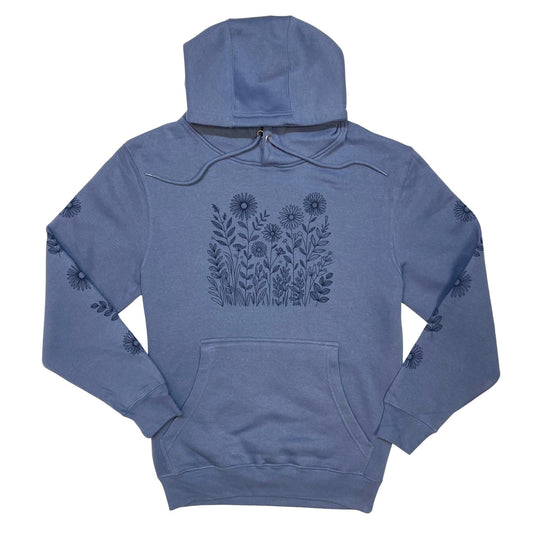 Periwinkle blue hoodie with a navy floral design on the front and sleeves, on a white background