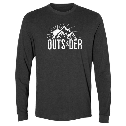 A dark grey, ultra-soft, long-sleeve, sun and mountain t-shirt for nature lovers that says, "Outsider."