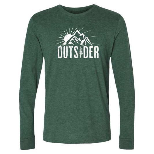 A green, ultra-soft, long-sleeve, sun and mountain t-shirt for nature lovers that says, "Outsider."