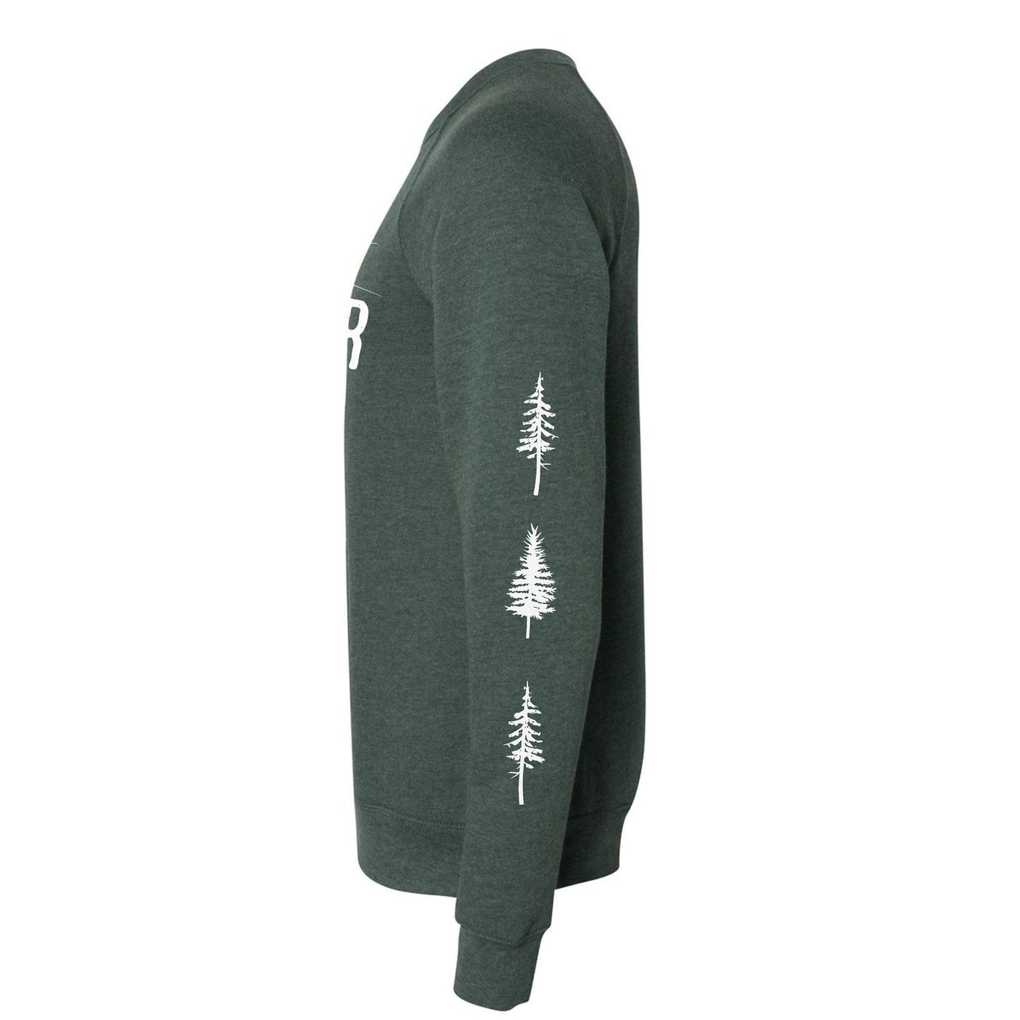 A green, nature sweatshirt that has white trees down the sleeves on a white background.