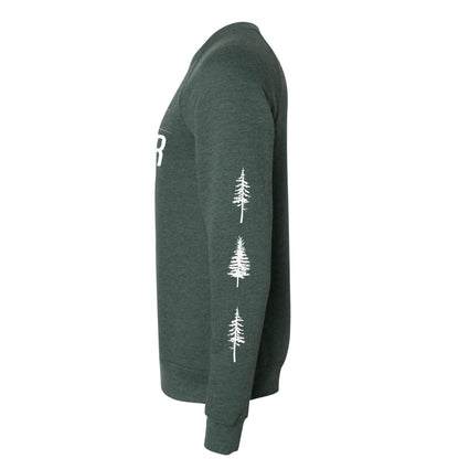 A green, nature sweatshirt that has white trees down the sleeves on a white background.