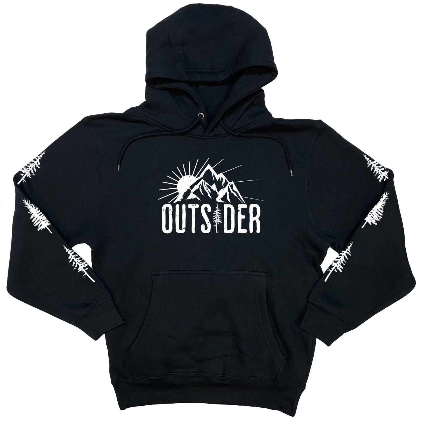 A fun, navy mountain hoodie for outdoor lovers that has an image of a sun and mountain range and says, Outsider. It also has trees down both sleeves.