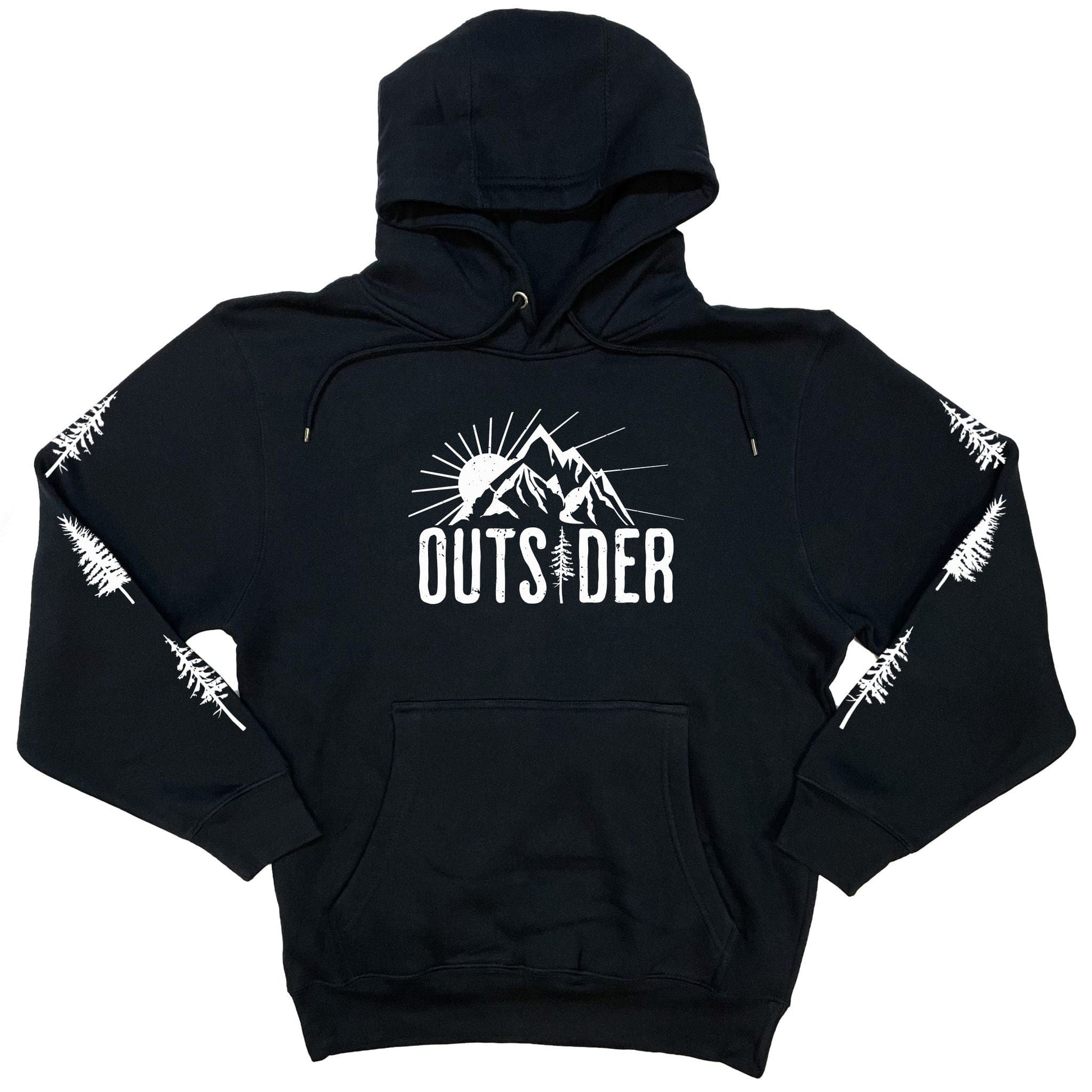 A fun, navy mountain hoodie for outdoor lovers that has an image of a sun and mountain range and says, Outsider. It also has trees down both sleeves.