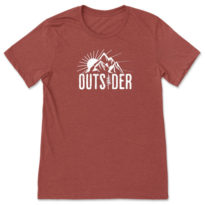 A fun, clay-colored mountain shirt for nature lovers that says "Outsider" and shows mountain peaks with sunshine.