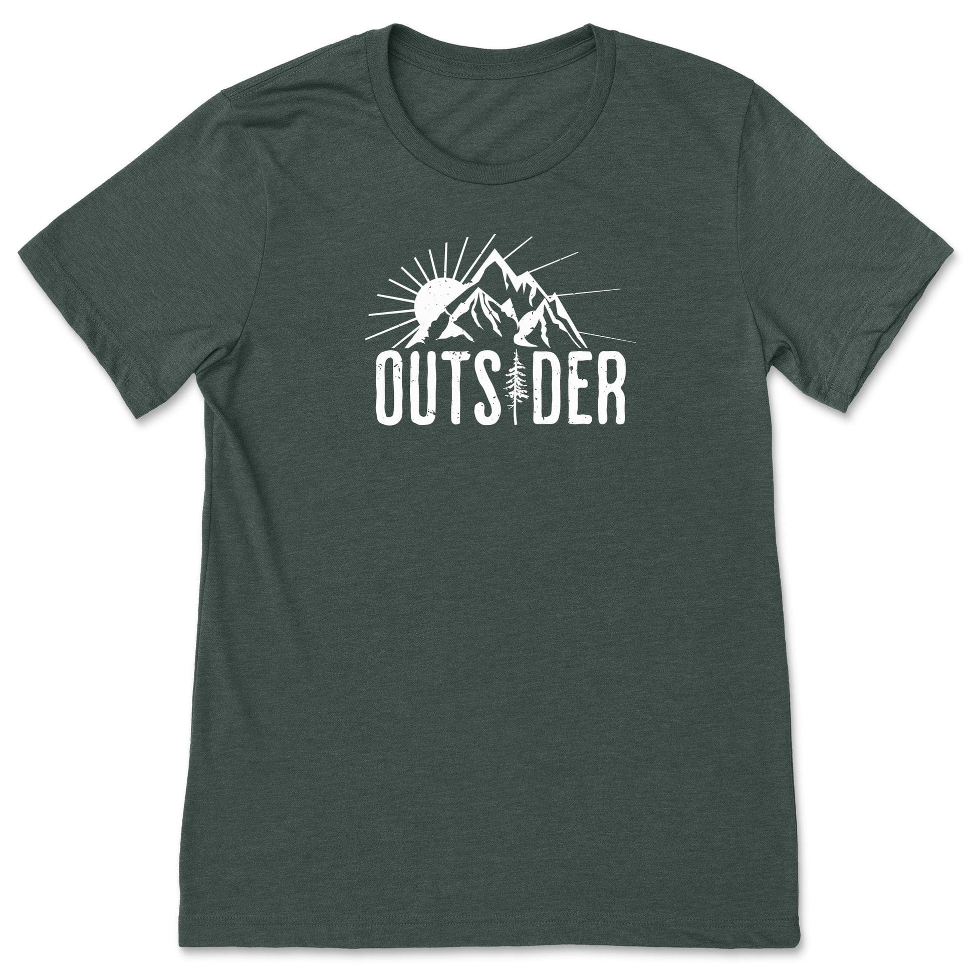 A fun, green nature t-shirt for outdoor lovers that says "Outsider" and shows a mountain and sunshine scene.