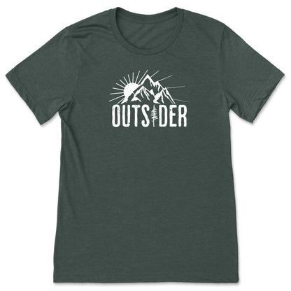 A fun, green nature t-shirt for outdoor lovers that says "Outsider" and shows a mountain and sunshine scene.