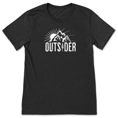 A fun, black nature t-shirt for outdoor lovers that says "Outsider" and shows a mountain and sunshine scene.