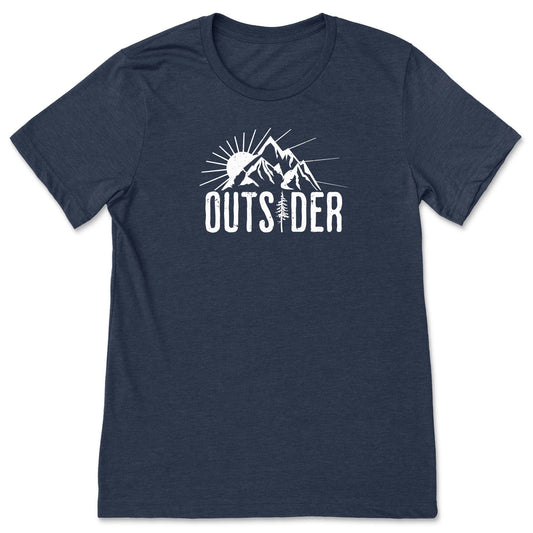 A fun, navy mountain t-shirt for outdoor and nature lovers that says "Outsider" and shows a mountain and sunshine scene.