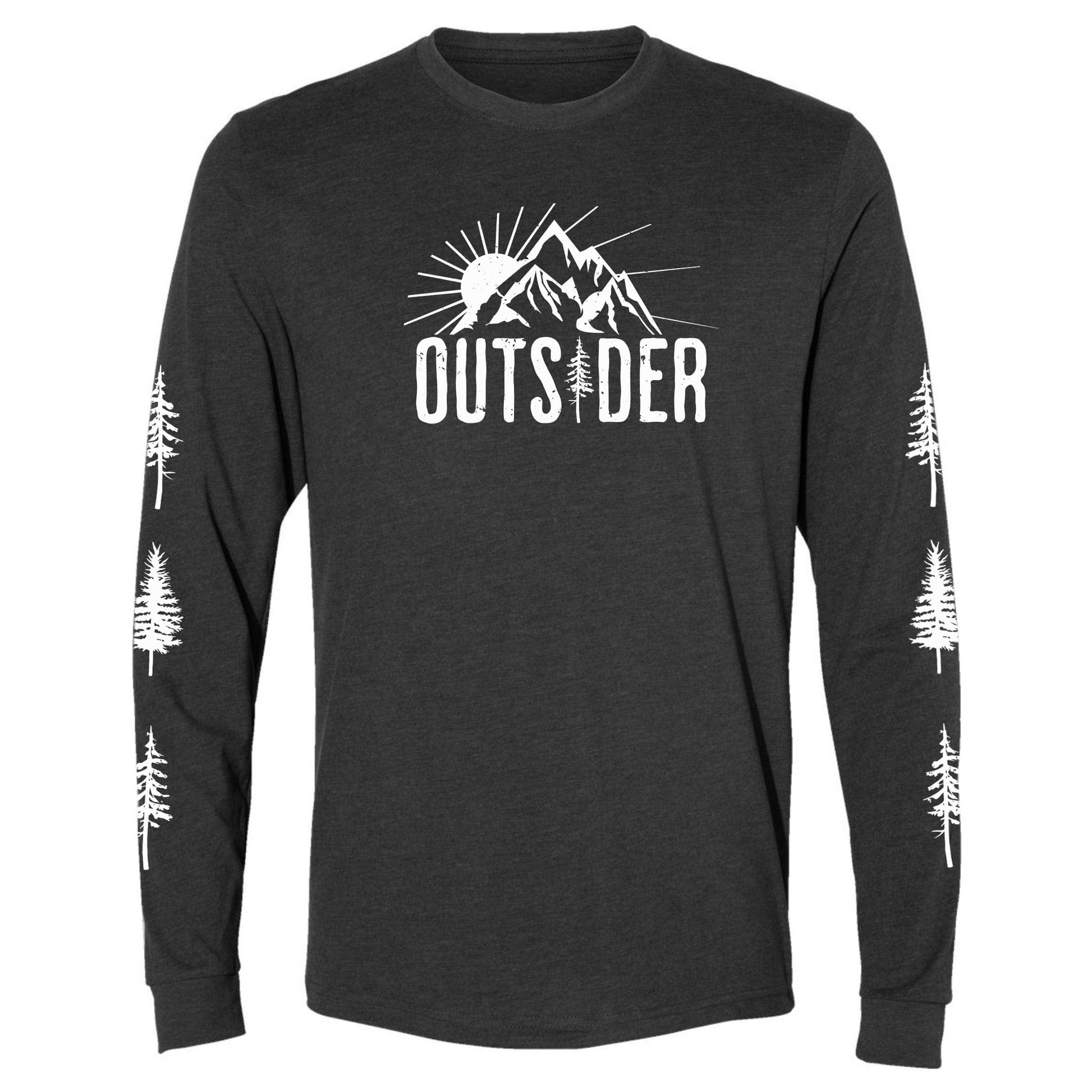 A dark grey, ultra-soft, long-sleeve, sun and mountain shirt for nature lovers that says, "Outsider." and has trees going down each sleeve.