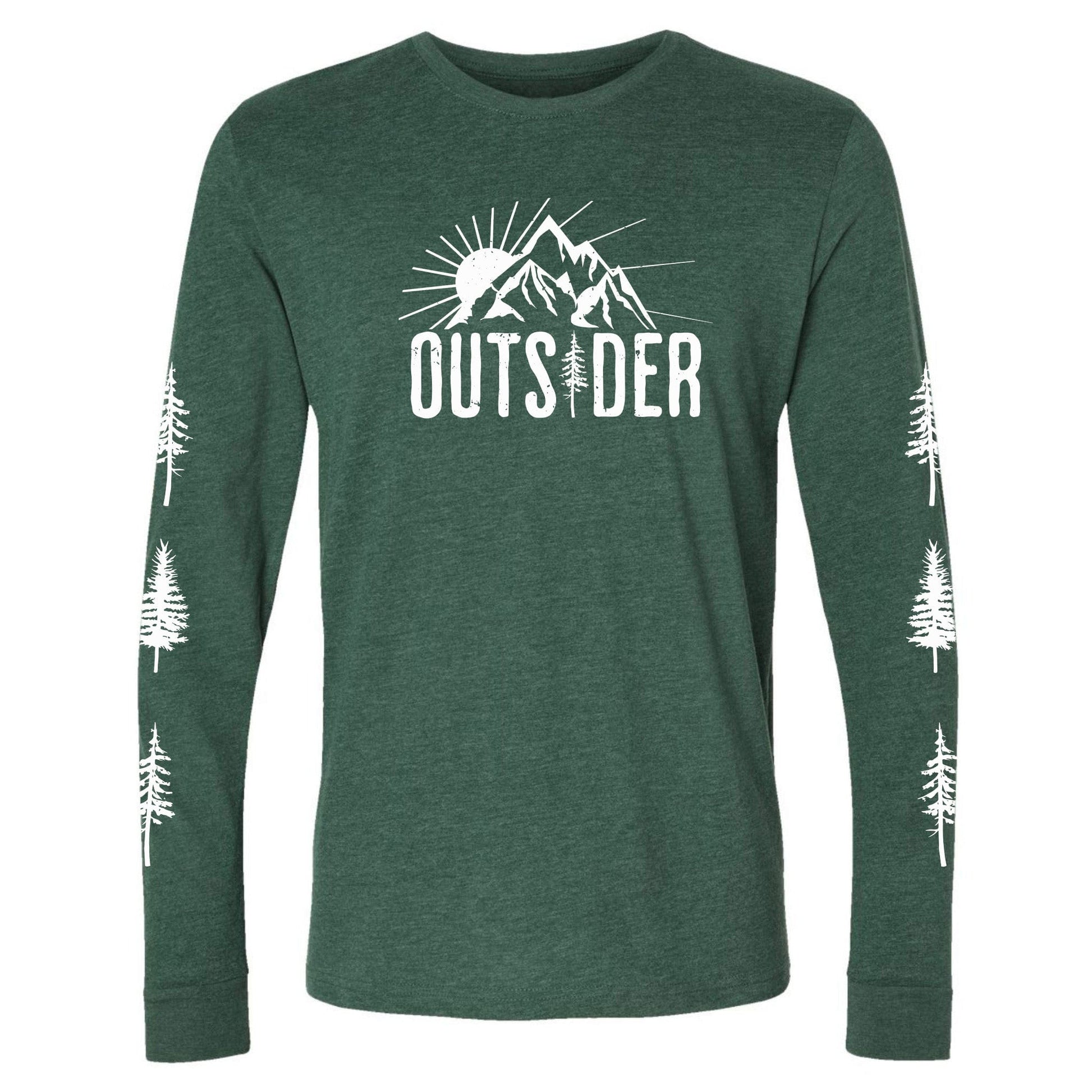 A green, ultra-soft, long-sleeve, sun and mountain shirt for nature lovers that says, "Outsider." and has trees going down each sleeve.