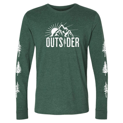 A green, ultra-soft, long-sleeve, sun and mountain shirt for nature lovers that says, "Outsider." and has trees going down each sleeve.