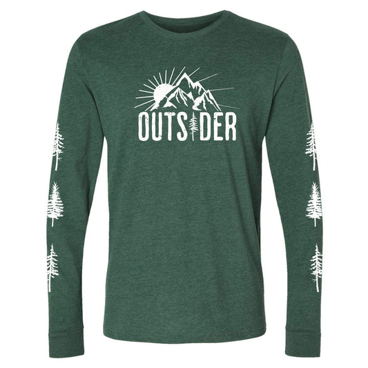 A green, ultra-soft, long-sleeve, sun and mountain shirt for nature lovers that says, "Outsider." and has trees going down each sleeve.
