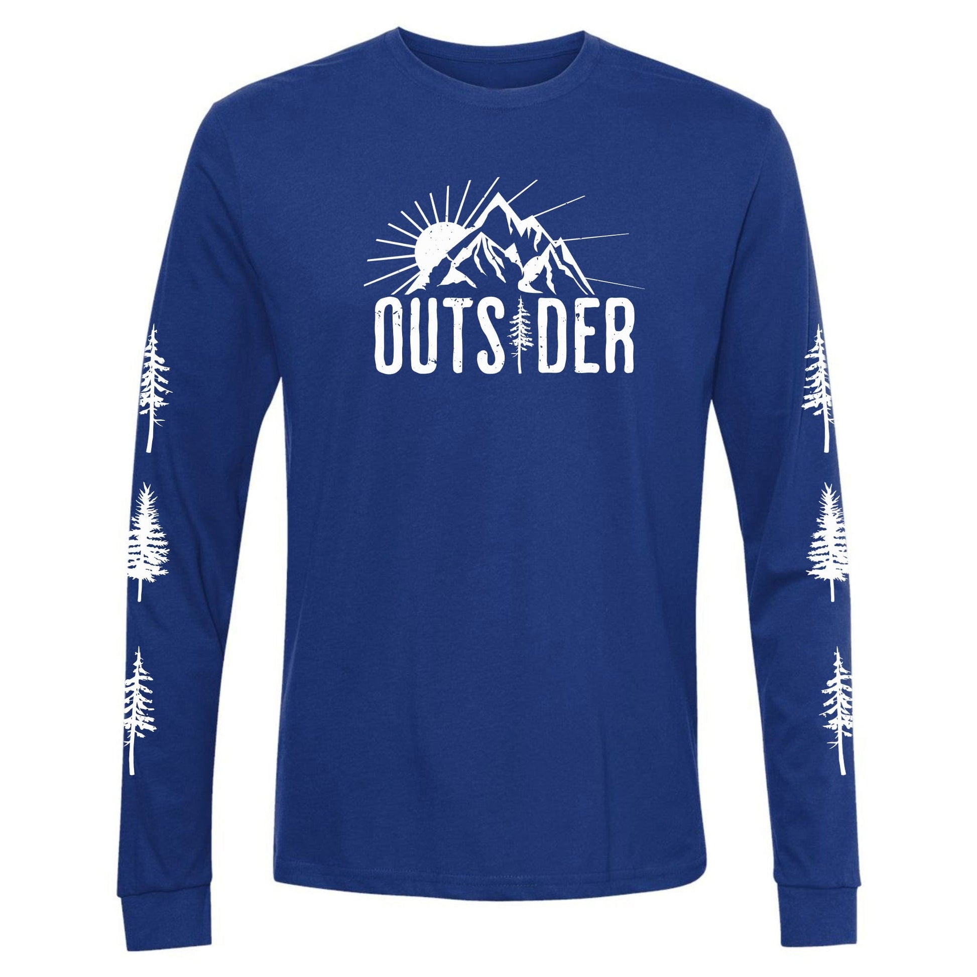 A blue, ultra-soft, long-sleeve, sun and mountain shirt for nature lovers that says, "Outsider." and has trees going down each sleeve.