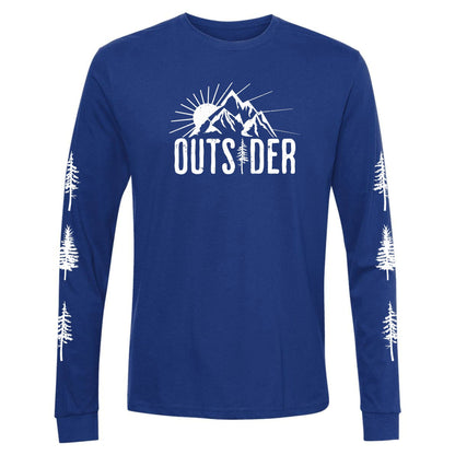 A blue, ultra-soft, long-sleeve, sun and mountain shirt for nature lovers that says, "Outsider." and has trees going down each sleeve.