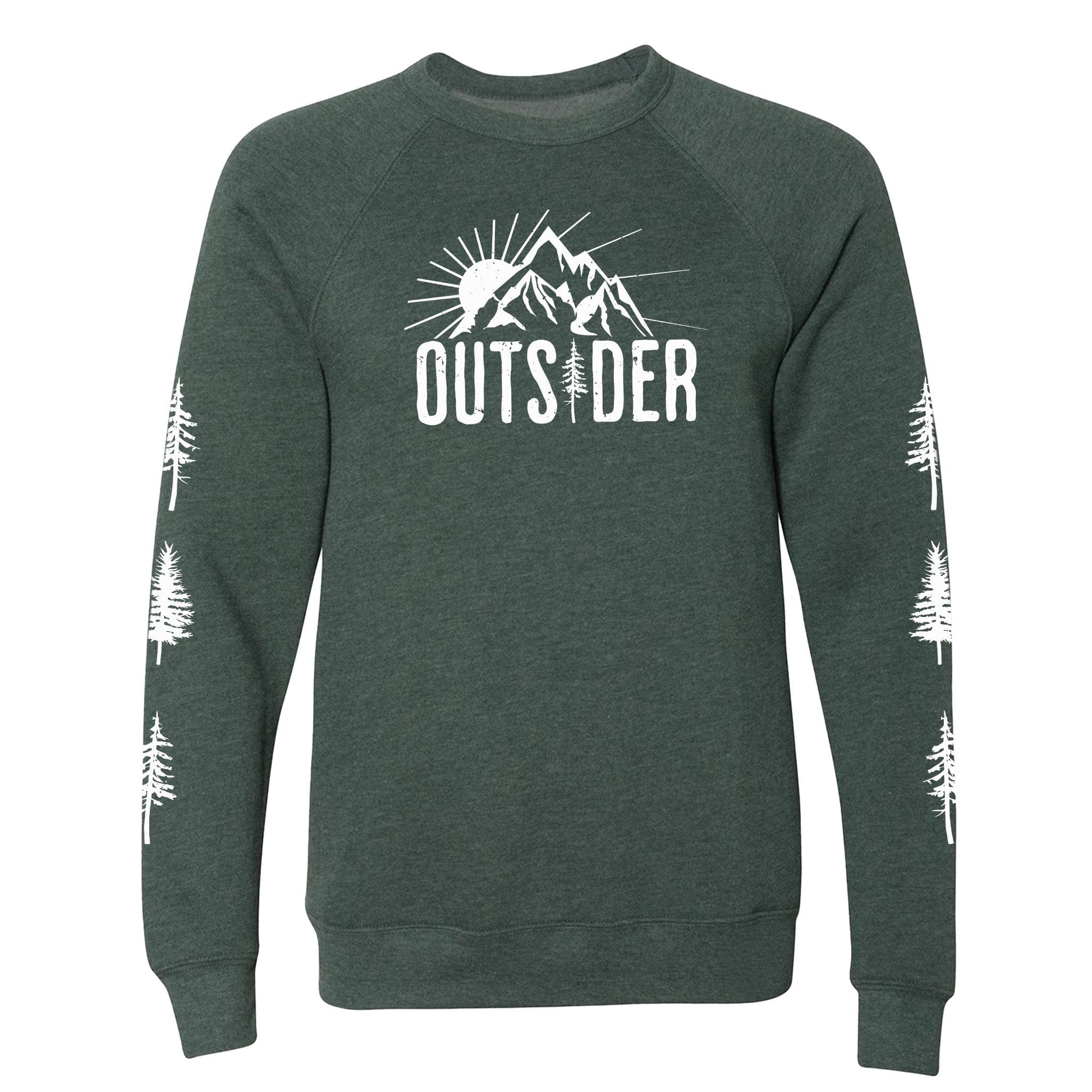 A forest green, ultra-soft raglan sweatshirt for nature lovers and outdoor enthusiasts that has a sun behind a mountain and says, "Outsider", and has trees down both sleeves. 
