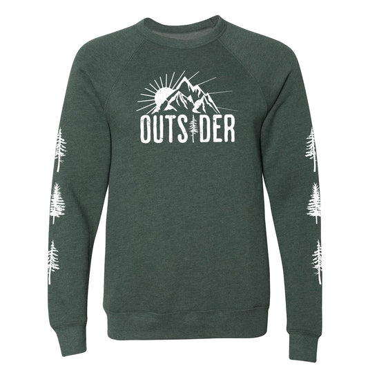 A forest green, ultra-soft raglan sweatshirt for nature lovers and outdoor enthusiasts that has a sun behind a mountain and says, "Outsider", and has trees down both sleeves. 
