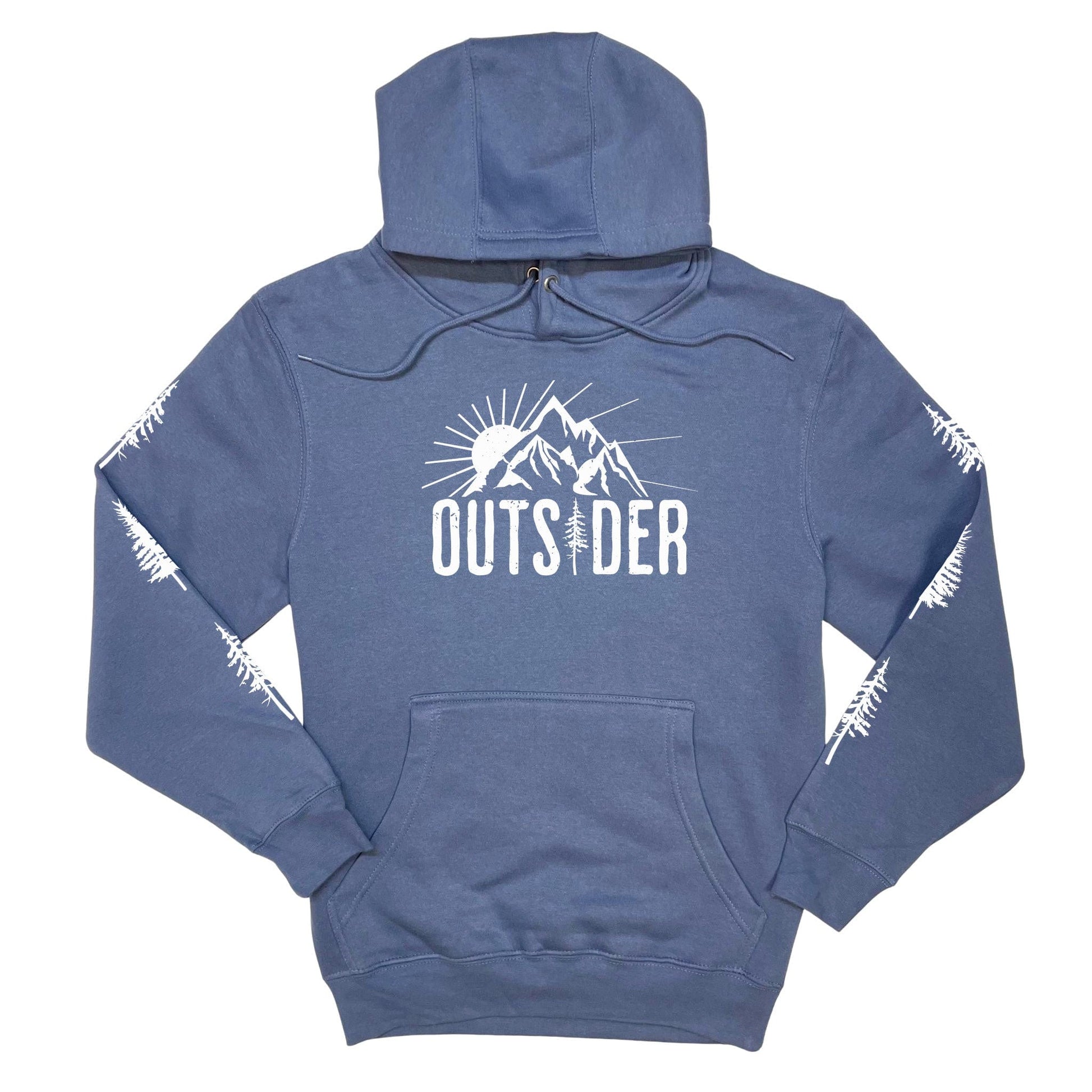 A fun, lavender blue mountain hoodie for outdoor lovers that has an image of a sun and mountain range and says, Outsider, it it has trees down both sleeves.