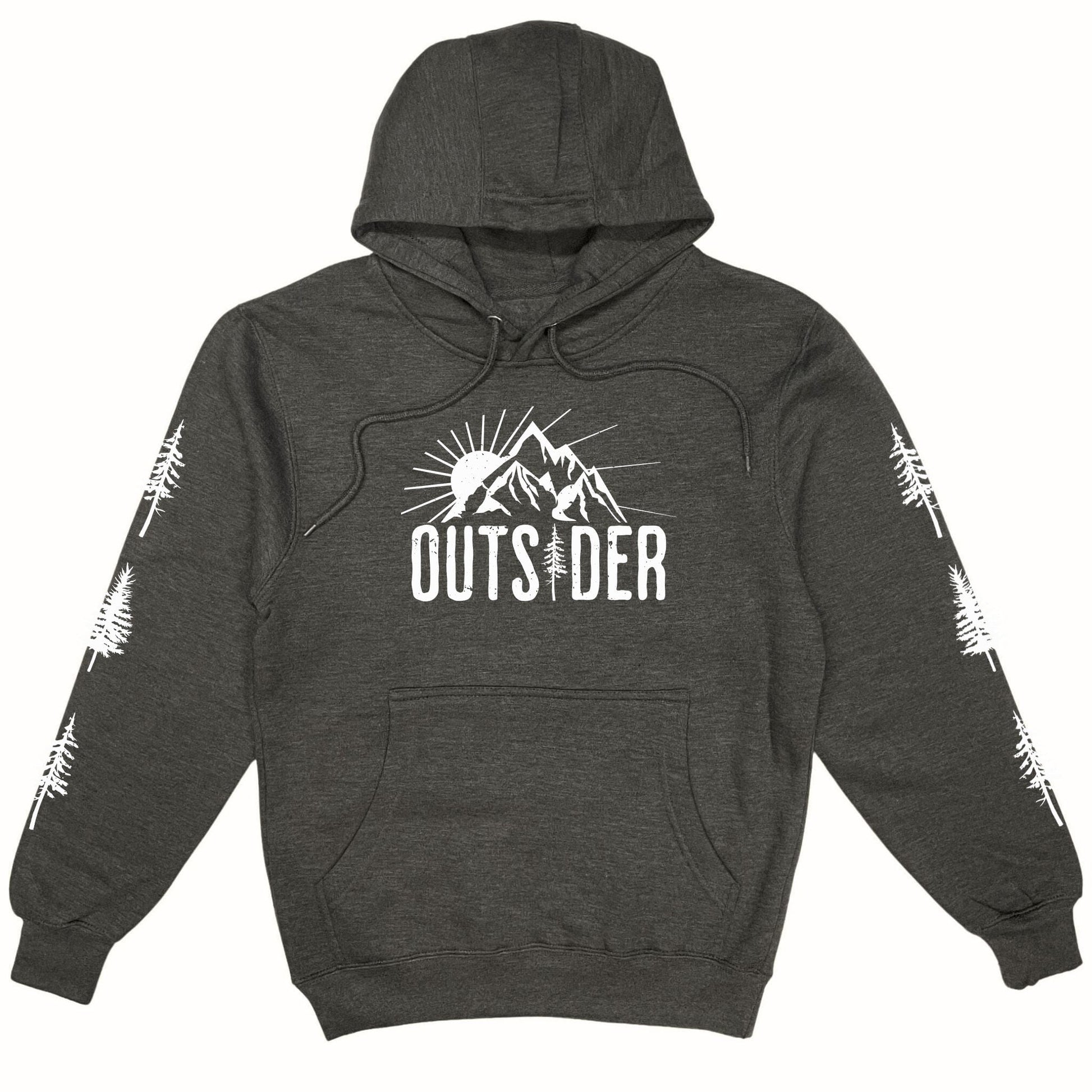 A fun, gray mountain hoodie for outdoor lovers that has an image of a sun and mountain range and says, Outsider. It also has trees down both sleeves.
