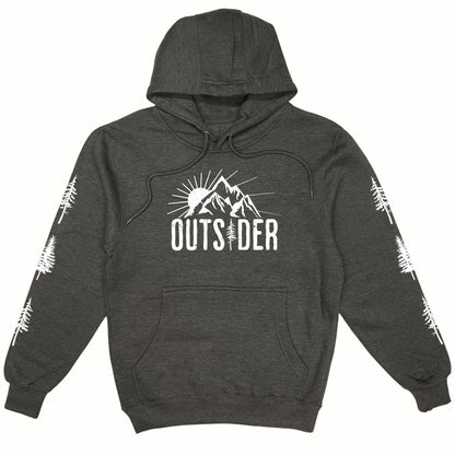 A fun, gray mountain hoodie for outdoor lovers that has an image of a sun and mountain range and says, Outsider. It also has trees down both sleeves.
