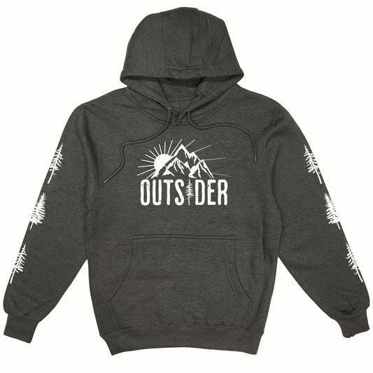 A fun, gray mountain hoodie for outdoor lovers that has an image of a sun and mountain range and says, Outsider. It also has trees down both sleeves.