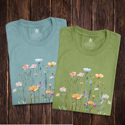 Pretty, soft, wildflower t-shirts for women and gardeners that has a print with pastel flowers on it. 