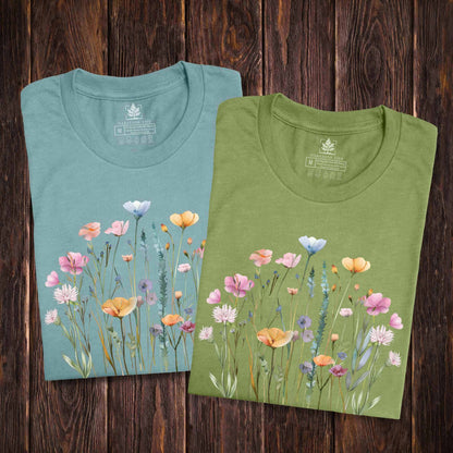 Pretty, soft, wildflower t-shirts for women and gardeners that has a print with pastel flowers on it. 