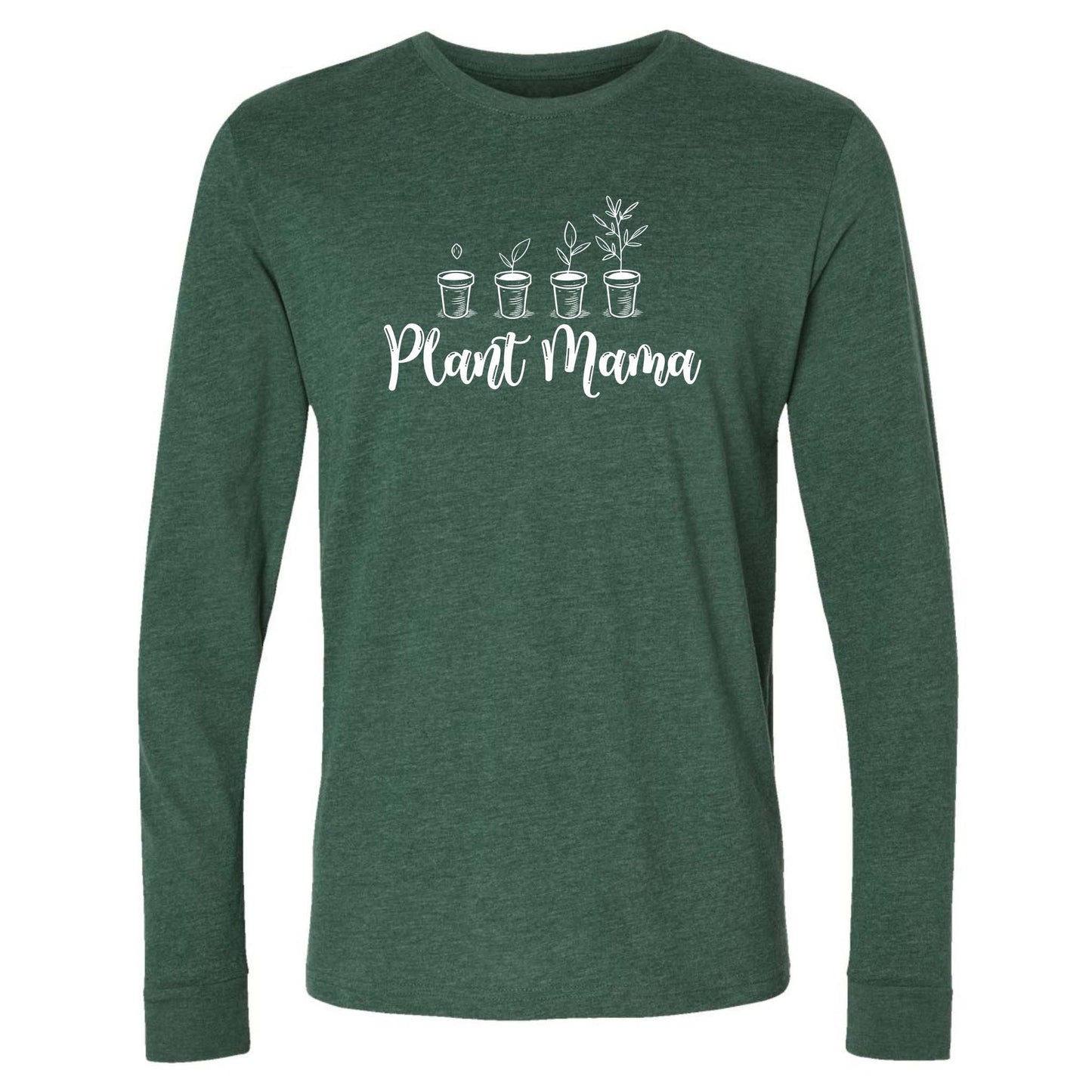 Green long-sleeve shirt with 'Plant Mama' text and plant illustrations on a white background