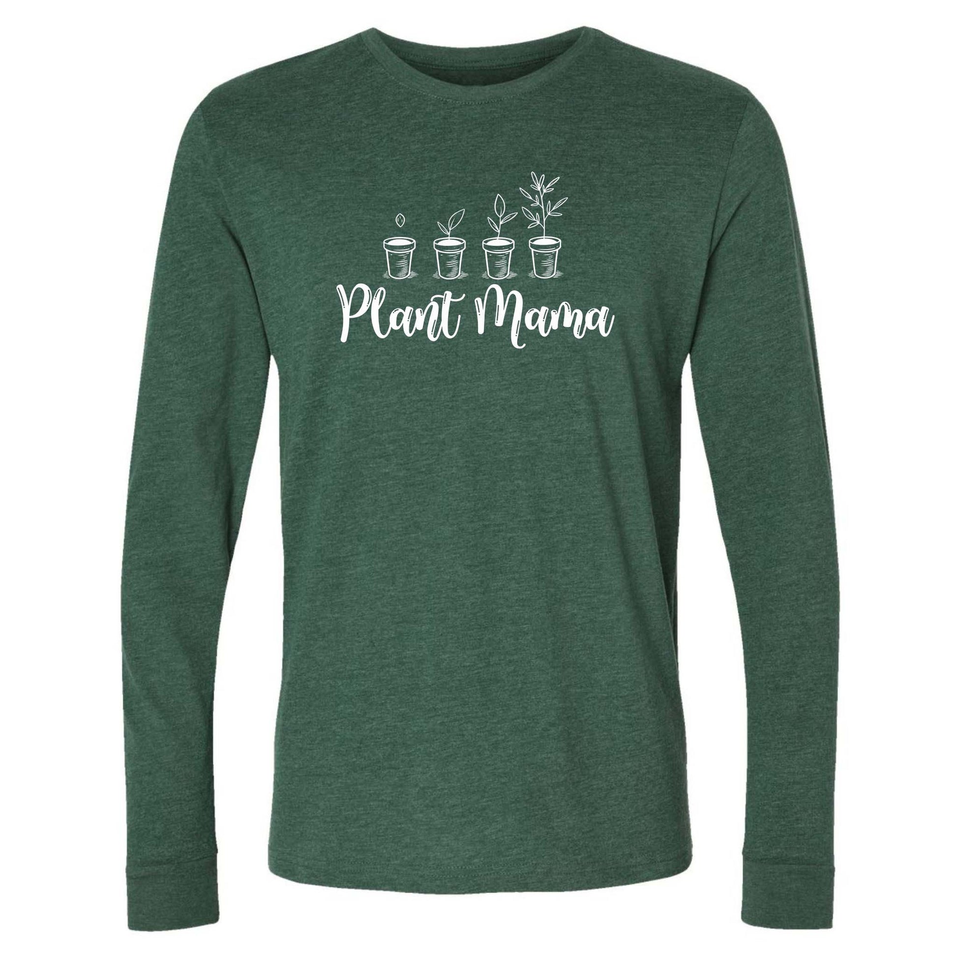 Green long-sleeve shirt with 'Plant Mama' text and plant illustrations on a white background