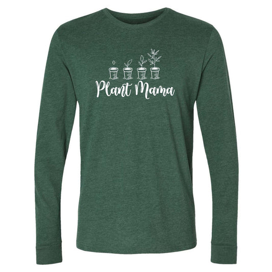 Green long-sleeve shirt with 'Plant Mama' text and plant illustrations on a white background