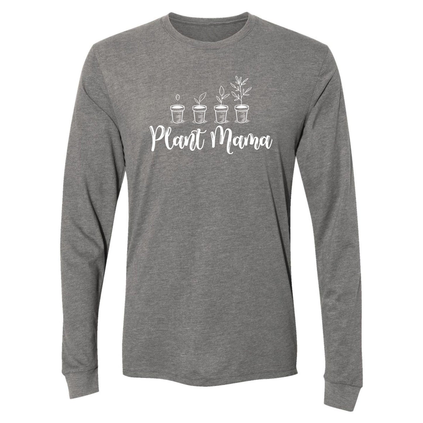 Gray long-sleeve shirt with 'Plant Mama' text and plant illustrations on a white background