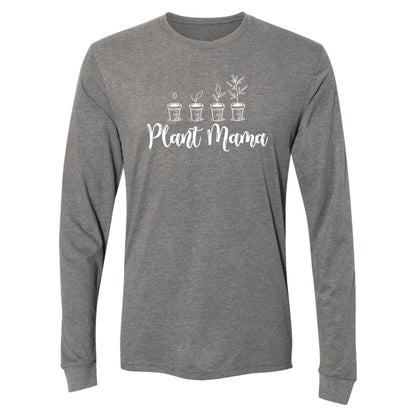 Gray long-sleeve shirt with 'Plant Mama' text and plant illustrations on a white background