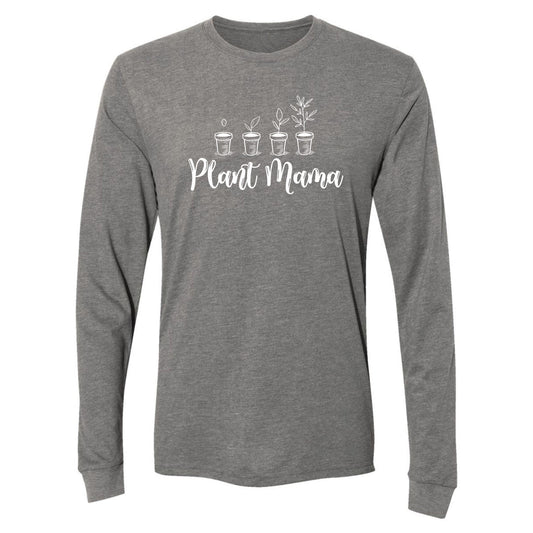 Gray long-sleeve shirt with 'Plant Mama' text and plant illustrations on a white background