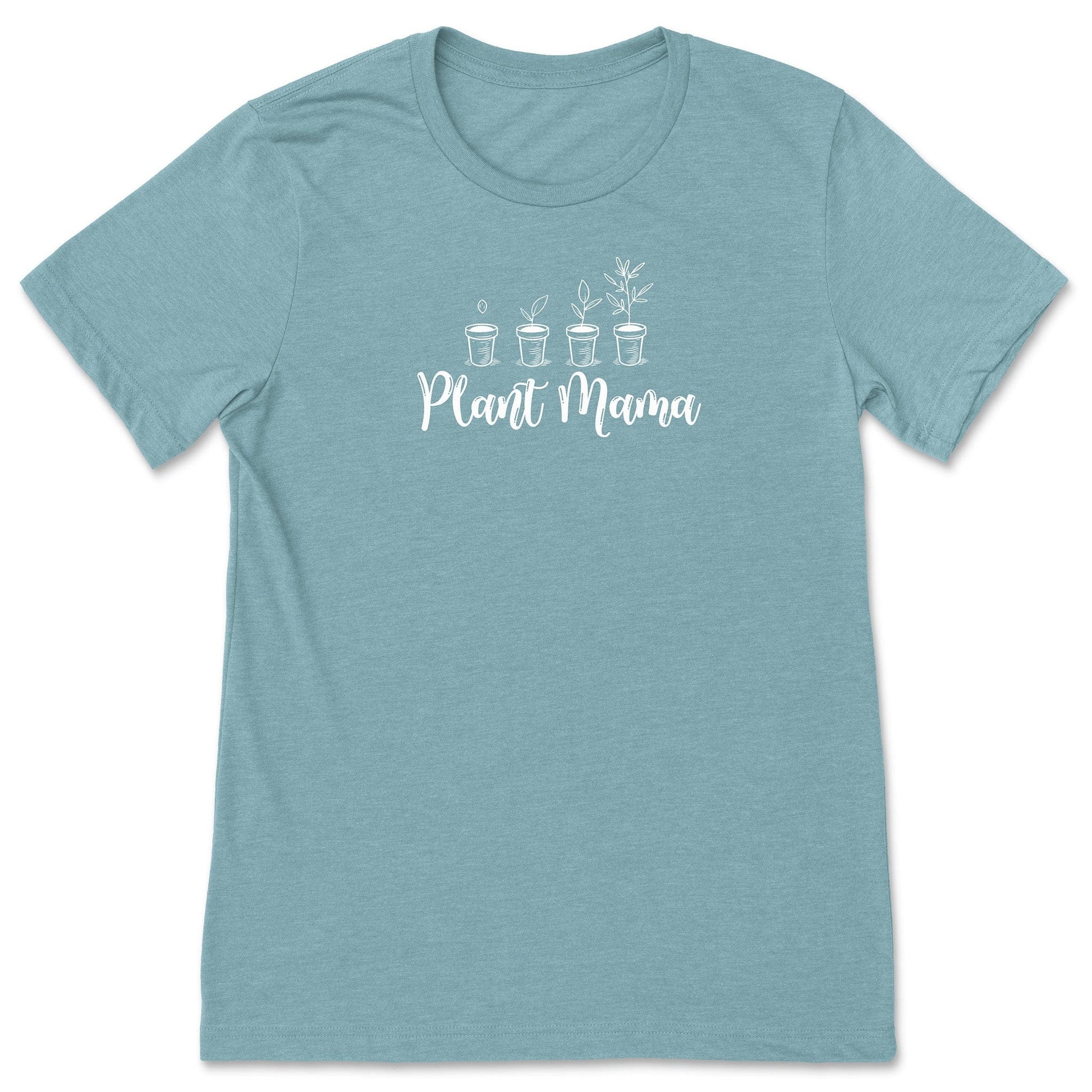 A cute, light blue t-shirt for gardeners and plant lovers that says, Plant Mama. 