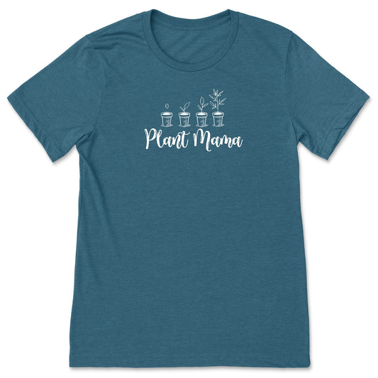 A cute, teal t-shirt for gardeners and plant lovers that says, Plant Mama. 