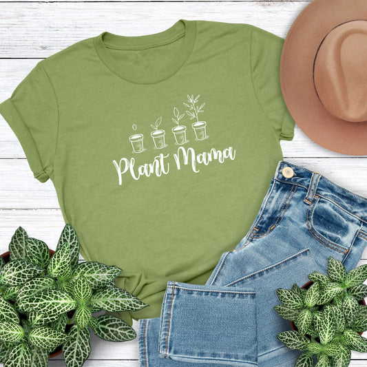 A cute t-shirt for gardeners that has potted plants and says, Plant Mama. 