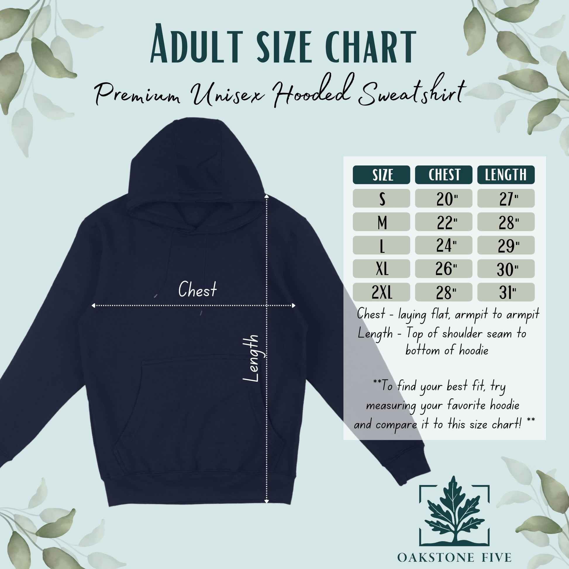 Adult size chart for hoodie