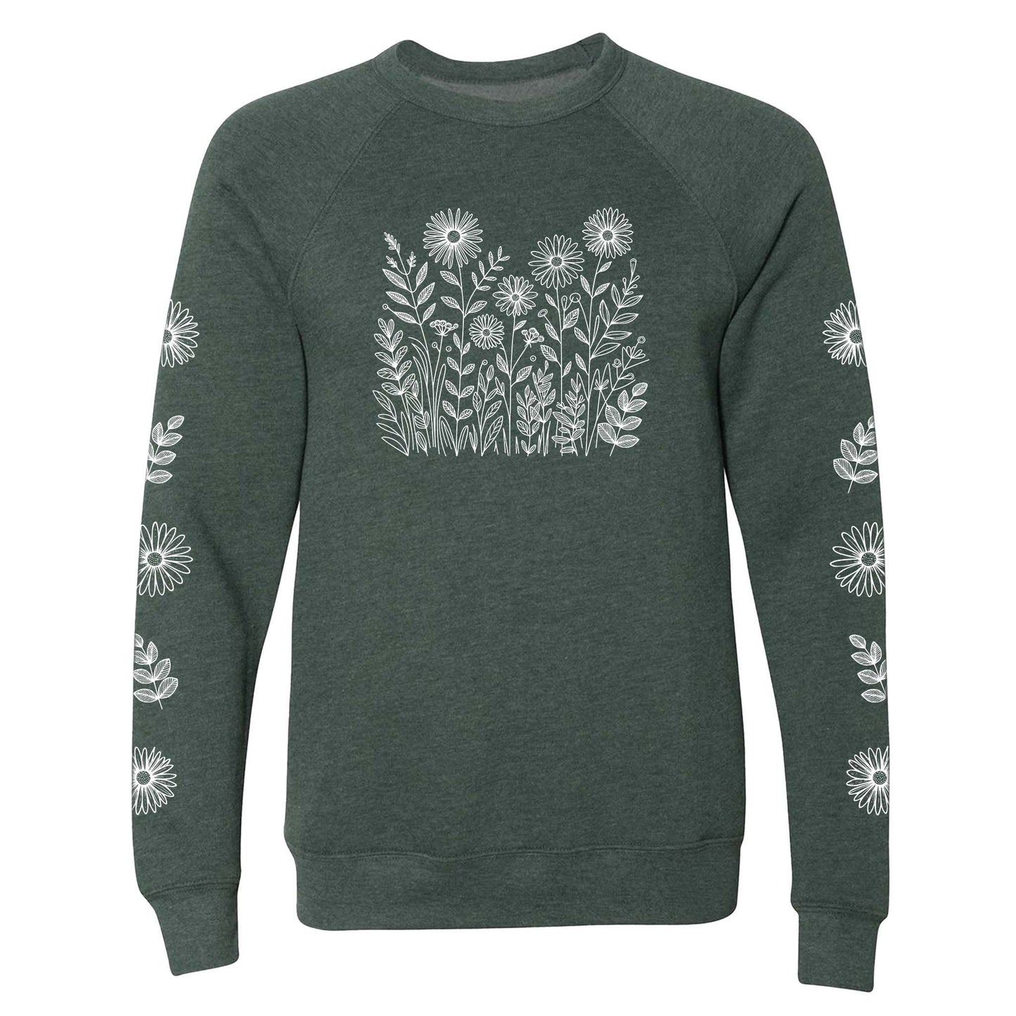 Green sweatshirt with white floral patterns on the front and on both sleeves, on a white background