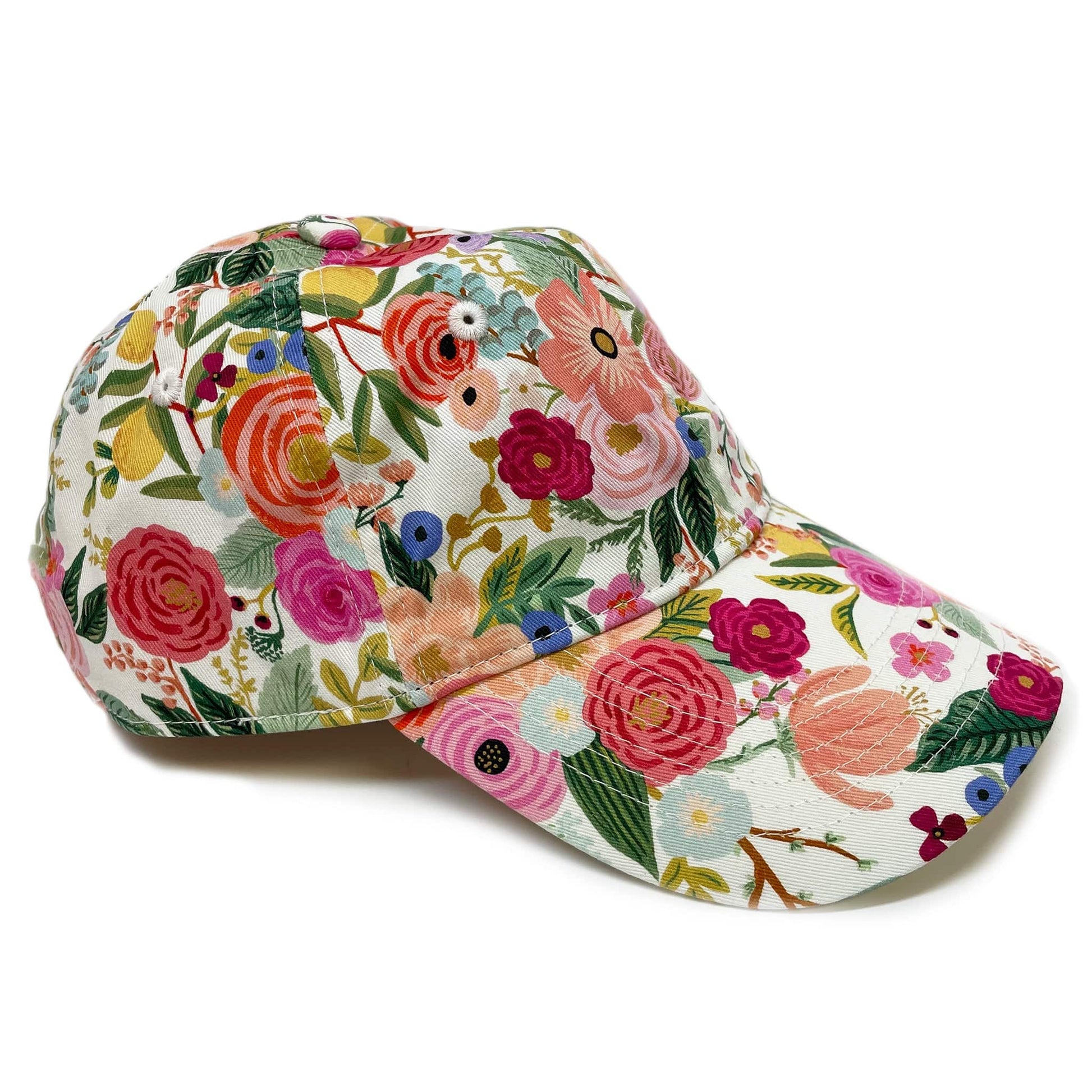 A fun and cheerful, women's floral baseball hat with a vibrant and colorful flower pattern.