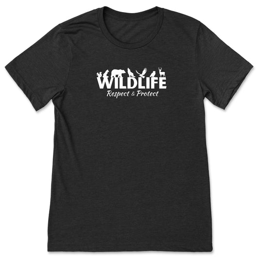 A black, protect nature-t-shirt that has the word "Wildlife" with woodland animals sitting on top of the letters. Underneath that says, "Respect & Protect."