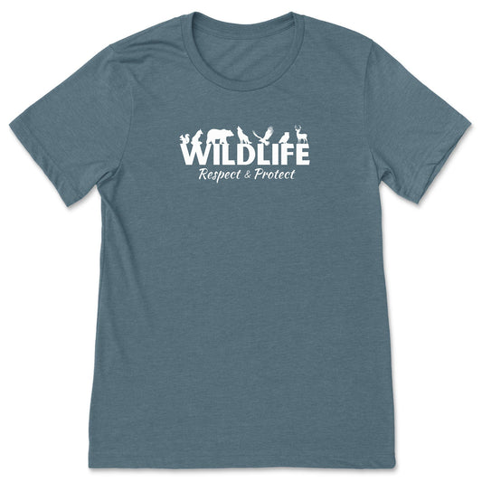 A slate blue, protect nature-t-shirt that has the word "Wildlife" with woodland animals sitting on top of the letters. Underneath that says, "Respect & Protect."