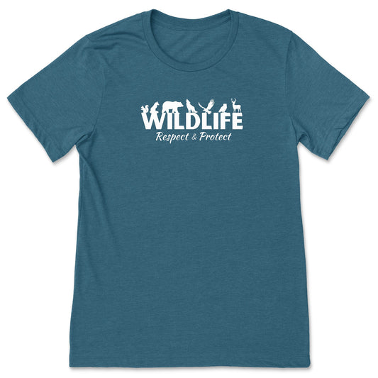 A teal, protect wildlife shirt that has the word "Wildlife" with woodland animals sitting on top of the letters. Underneath that says, "Respect & Protect."