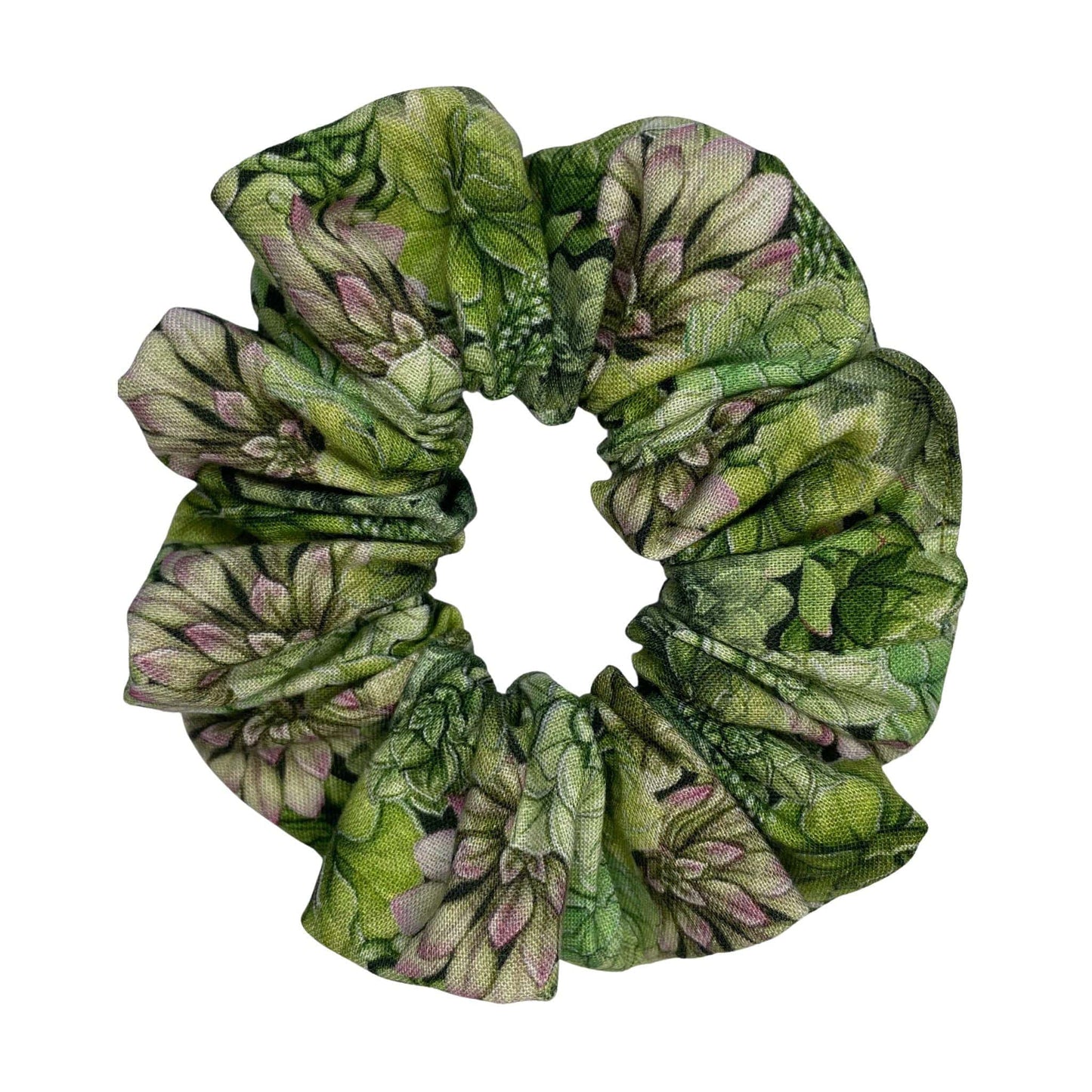 A green, handmade scrunchie with a succulent pattern for plant lovers.