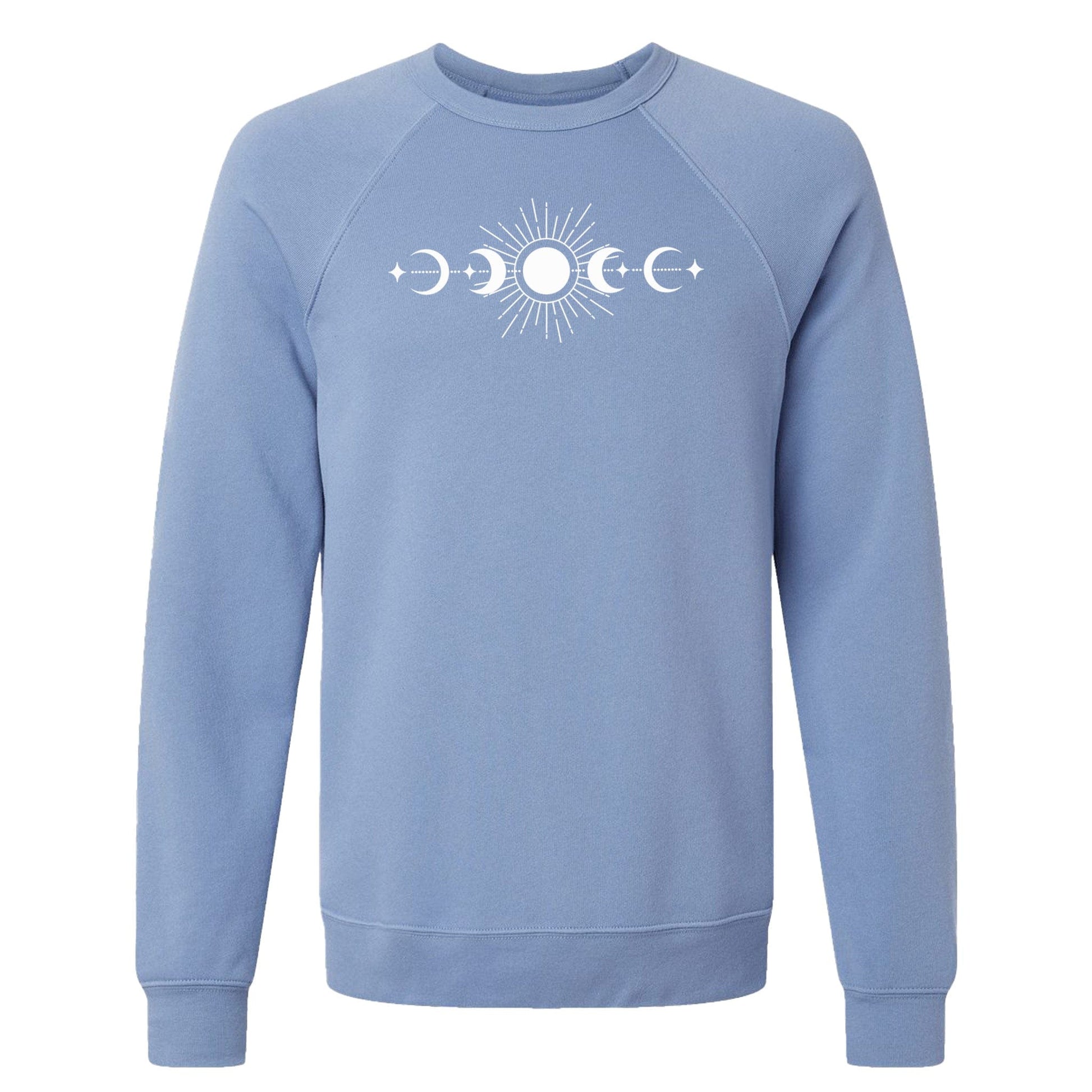 Blue sweatshirt on a white background with a white moon phase design on the front.