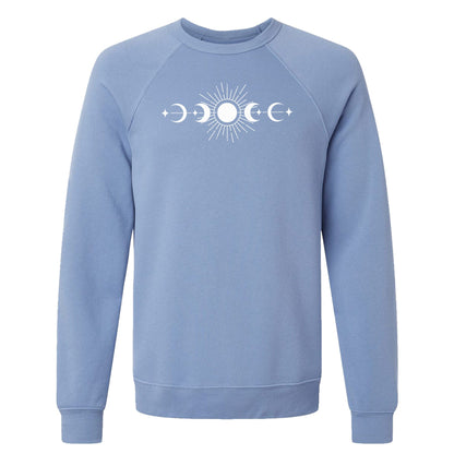 Blue sweatshirt on a white background with a white moon phase design on the front.