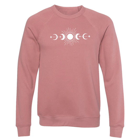 Mauve sweatshirt with a white celestial  moon phases design, on a white background